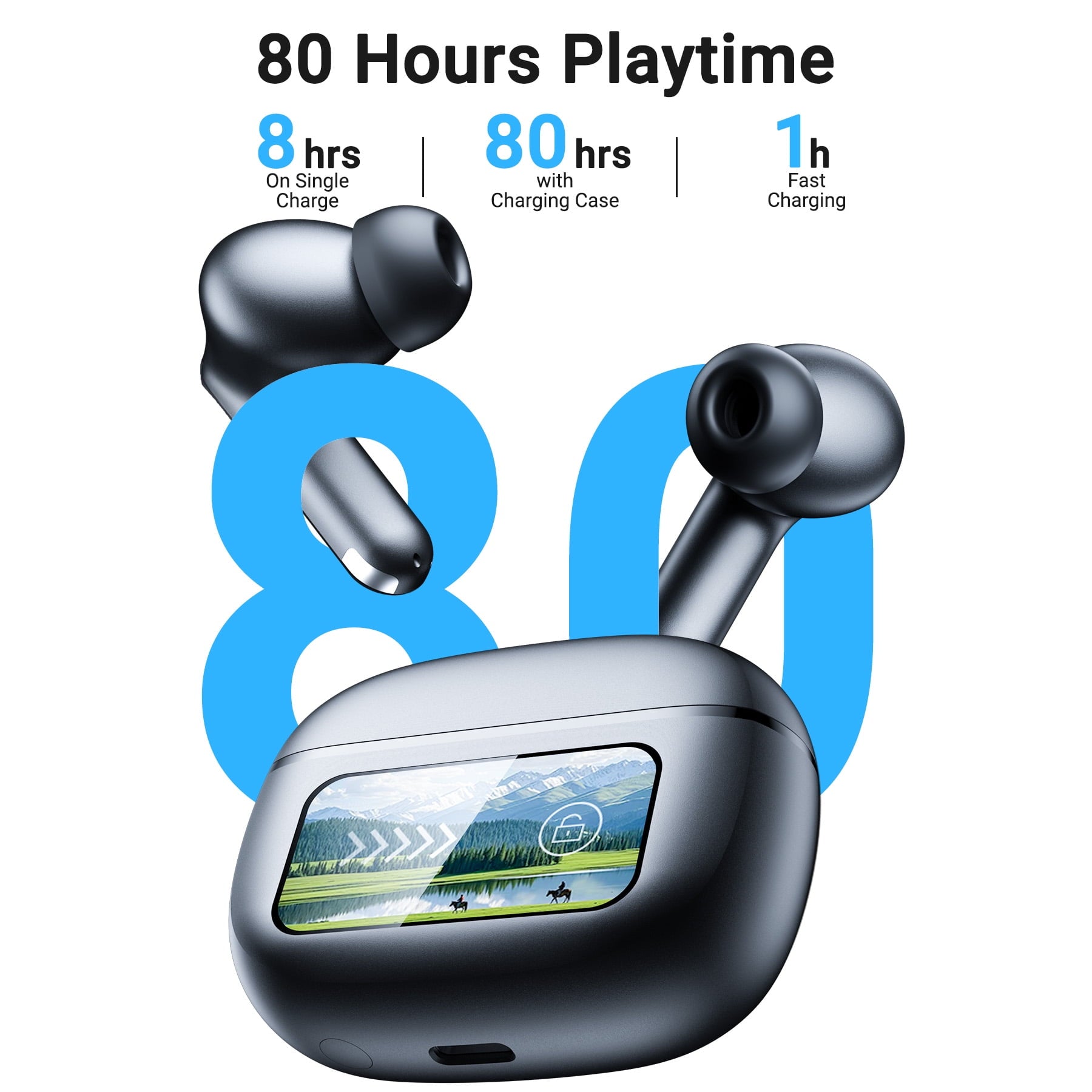 VEAT00L Active Noise Cancelling Wireless Earbuds with Smart Touch Screen, HiFi Stereo Sound, ENC Clear Call Ear Buds, 80H Playtime, IPX7 Waterproof, Transparency Mode，5 EQ for iOS Android